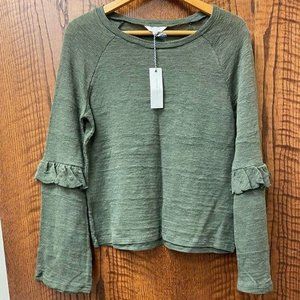 New Lucky Brand Olive green knit ruffled sleeve blouse top